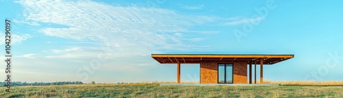 Modern minimalist house in a vast open meadow with a clear blue sky, reflecting simplicity and tranquility in natural surroundings.