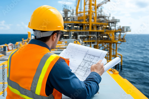 A petroleum engineer reviews plans on an offshore platform under sunny skies photo