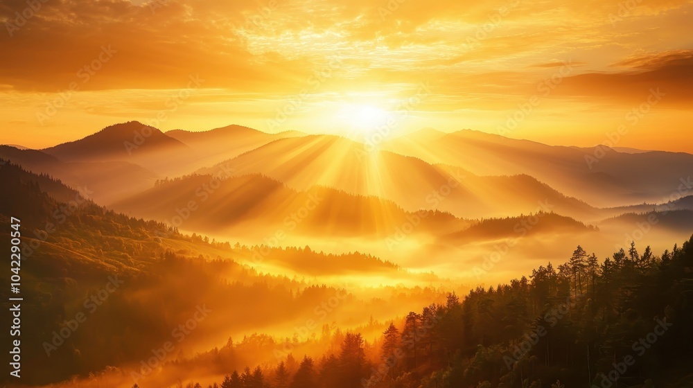 Obraz premium Breathtaking sunrise over misty mountains with vibrant colors, illuminating the landscape and creating a serene, peaceful atmosphere.