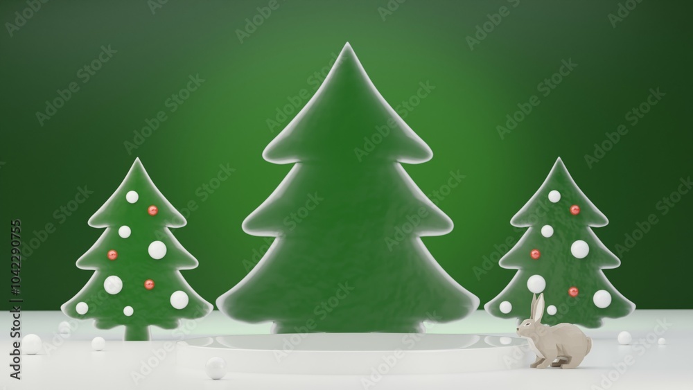 Obraz premium Green Christmas background with christmas trees and rabbit. Christmas backdrop with stand or white podium for your product, 3d rendering