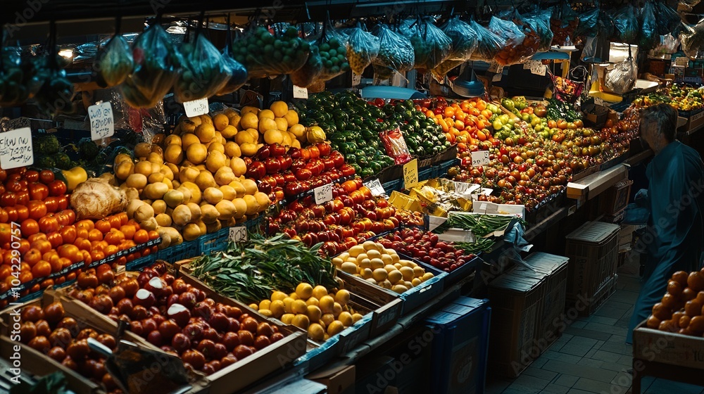 Obraz premium Fresh produce market showcasing vibrant fruits and vegetables in a modern grocery store setting during daylight hours