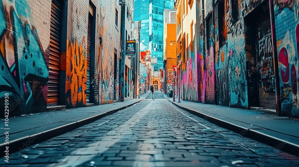Naklejka premium Colorful urban alleyway in a city adorned with street art, showcasing vibrant murals and brick walls during daylight hours