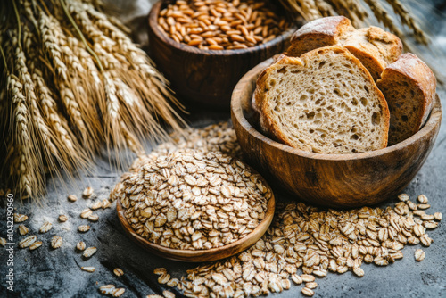 Freshly baked bread and golden wheat arranged on a rustic table.