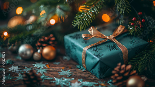 vue rapprochée d'un cadeau sous le sapin dans du papier d'emballage vert sans aucun motif, soirée chaleureuse et confortable, photo professionnelle, effet bokeh photo