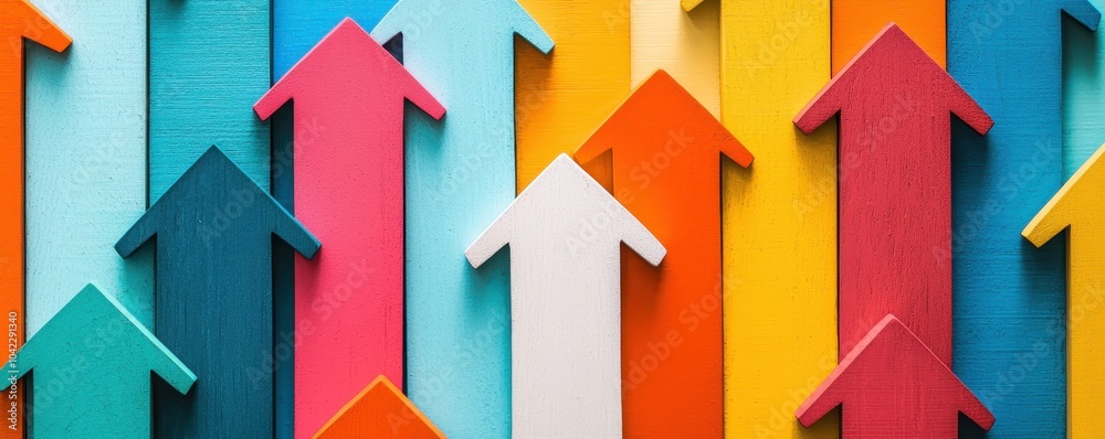 Colorful wooden arrows pointing upwards symbolize growth, progress, and direction on a vibrant background, perfect for motivational themes.