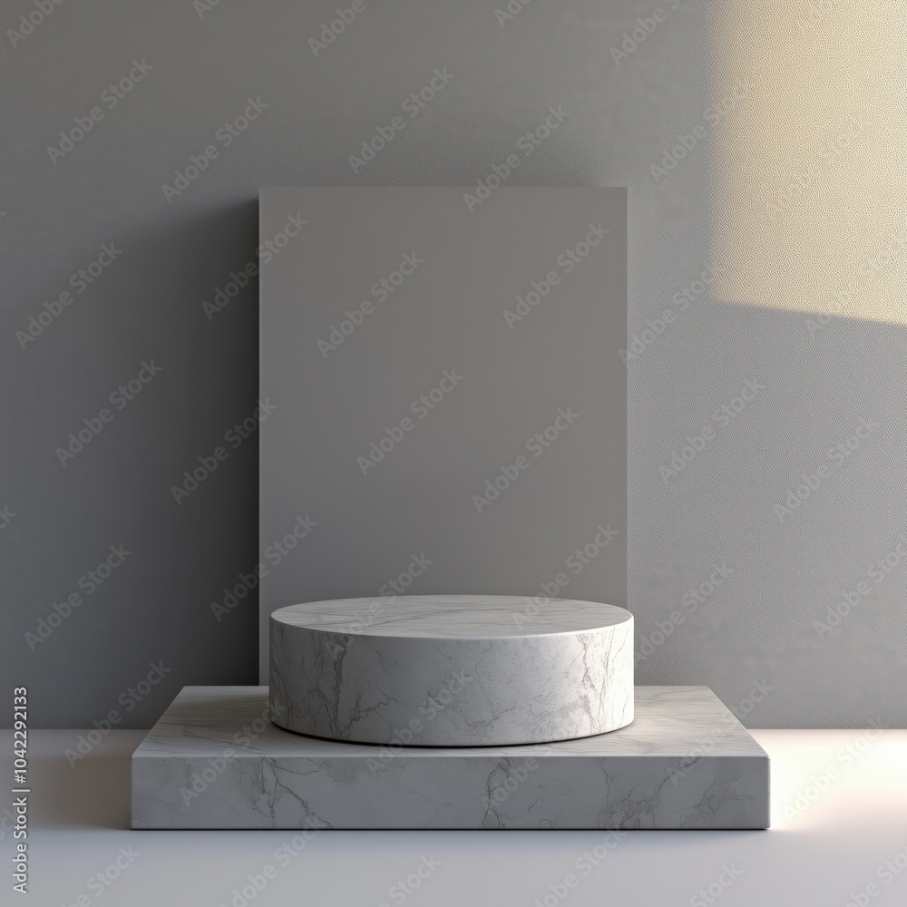 Fototapeta premium Empty stone podium on gray backdrop, scene with copy space for your products presentation. Empty modern minimal concept mock up for cosmetic, skin care and other products advertising.