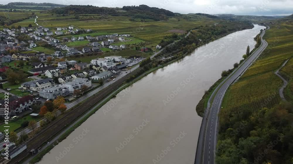 Aerial view on terraced vineyards, harvest in October above Nittel, Rhineland-Palatinate, Germany with views across the Moselle River and the vineyard hills of Luxembourg near Grevenmacher, wine route