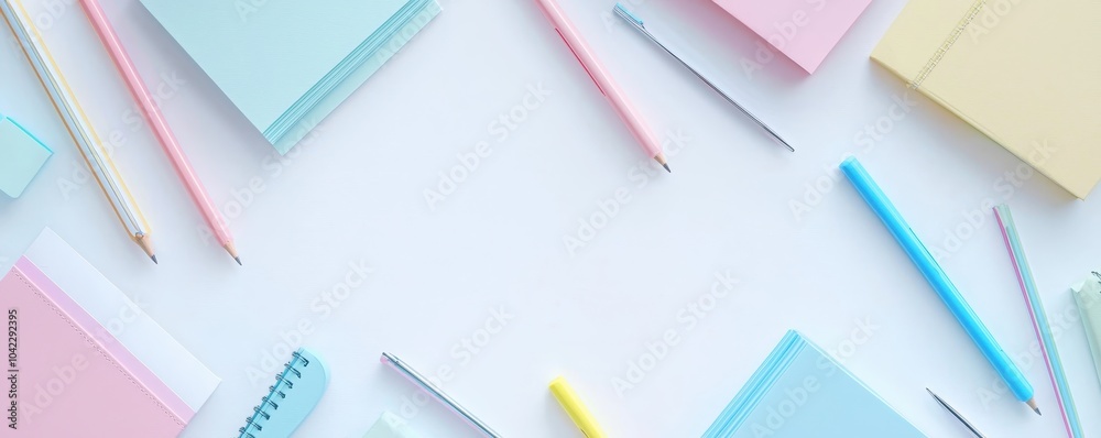 Flat lay of colorful pastel stationery on a white background, including notebooks, pens, and paper, ideal for office or school use. Flat lay of colorful pastel stationery on a white background, including notebooks, pens, and paper, ideal for office or school use.