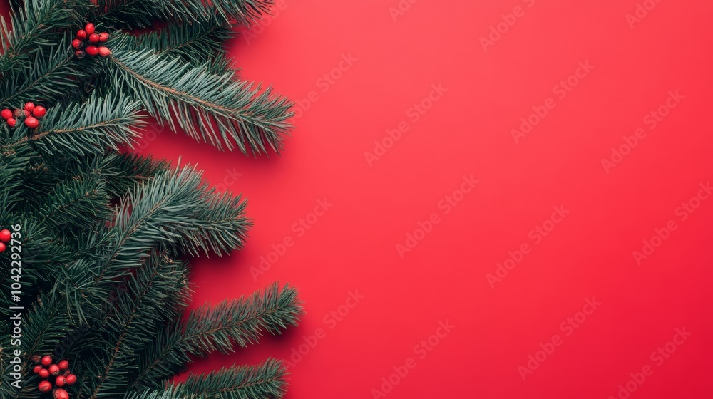 Decorative arrangement of pine branches and cones on a red background, suitable for the festive season. Decorative arrangement of pine branches and cones on a red background, suitable for the festive season.