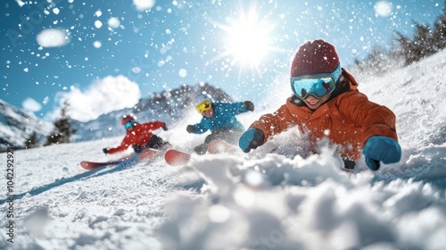 Children skiing on a sunny winter day with snowflakes around