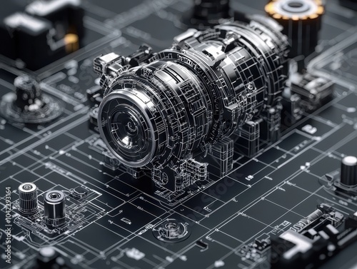 Futuristic mechanical gear on a detailed circuit board background, showcasing advanced technology and innovation concepts. photo