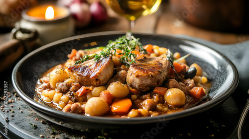 Elegant Plated Presentation of Cassoulet with Artistic Garnishing, Celebrating the Culinary Skills Behind This Beloved French Dish