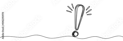 Single continuous line art exclamation mark icon. Online warning hazard concept silhouette symbol design. One sketch outline drawing vector illustration