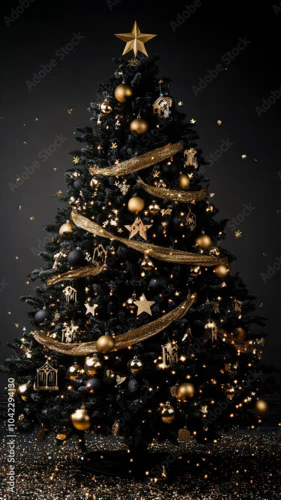 Large black Christmas tree with gold ornaments and a star on top