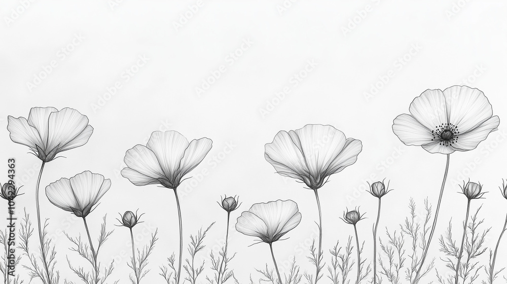 Naklejka premium Delicate line drawing of poppy flowers on white background