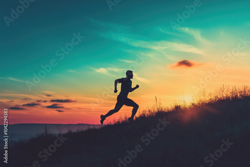 Man running on hill at sunset, silhouetted against colorful sky.