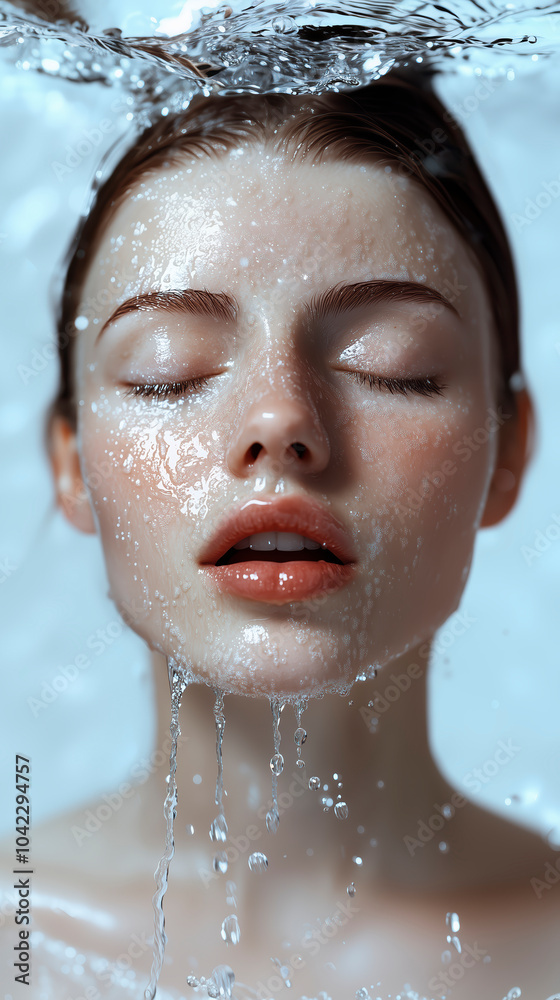 refreshing splash of water around woman face against a light blue . Vertical banner refreshing splash of water around woman face against a light blue . Vertical banner