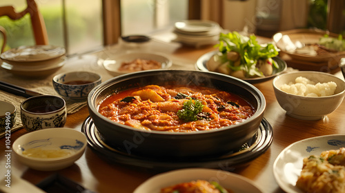 Embracing Family Traditions and Shared Love of Good Food: A Serene Dining Experience Featuring Kimchi Jjigae and Side Dishes