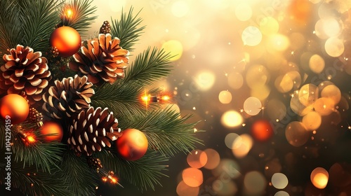 Festive Christmas Background with Pine Branches, Pinecones, and Ornaments