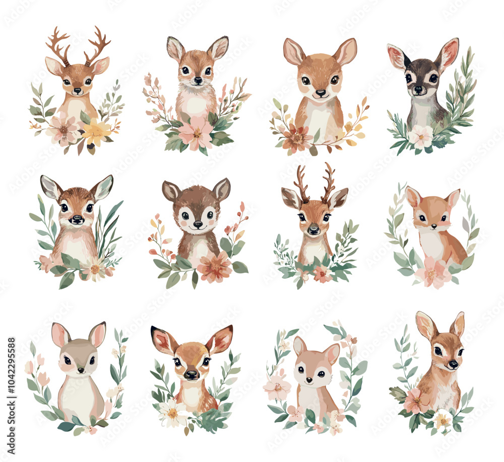 Obraz premium Portraits Of Forest Animals In Frames Of Flowers And Leaves Watercolour Icons Elegant Greenery And Soft Watercolour Effects Perfect For Nature Lovers And Illustrations