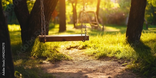 A solitary wooden swing hangs amidst sunlit foliage, evoking nostalgic memories of childhood playfulness and peace. photo