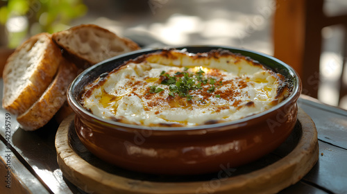 Enjoy a Decadent Moussaka Presentation with Olive Oil and Crusty Bread on a Sunlit Patio