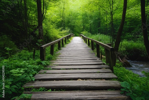 A serene wooden path extends through lush greenery, evoking tranquility and adventure in nature.