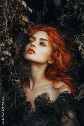 A striking red-haired woman poses amid dry, dark leaves in an ethereal setting.