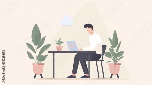 Minimalist flat illustration, man working on laptop