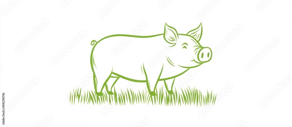 Simple green outline illustration of a pig standing in grass.