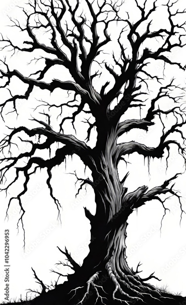 Fototapeta premium Vector illustration of Halloween lifeless tree silhouette on white background. Generated with AI.