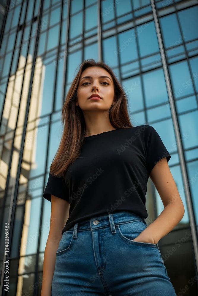 A woman standing in front of a tall building wearing a black shirt and jeans A woman standing in front of a tall building wearing a black shirt and jeans