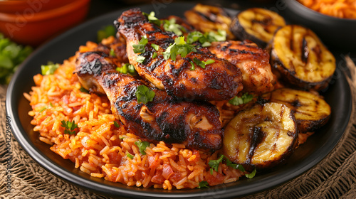 Delicious Jollof Rice with Grilled Chicken: A Showcase of West African Culinary Richness in a Bustling Market