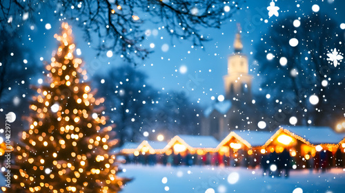 Festive Christmas market with decorated wooden stalls, and people looking for gifts. A decorated Christmas tree, falling snowflakes and cozy lighting complete the magical atmosphere. 