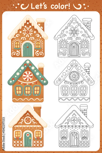 Christmas Gingerbread Houses Coloring Book Page.