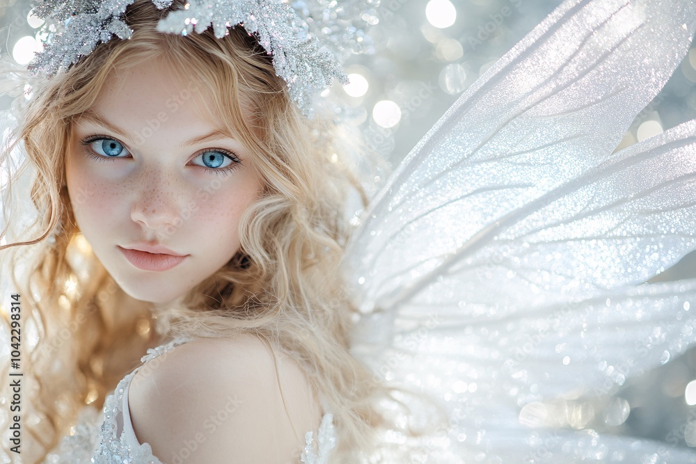 A young woman dressed as a Christmas fairy, with wavy blonde hair and enchanting blue eyes, on a sparkling silver background, bringing holiday enchantment 1 A young woman dressed as a Christmas fairy, with wavy blonde hair and enchanting blue eyes, on a sparkling silver background, bringing holiday enchantment 1
