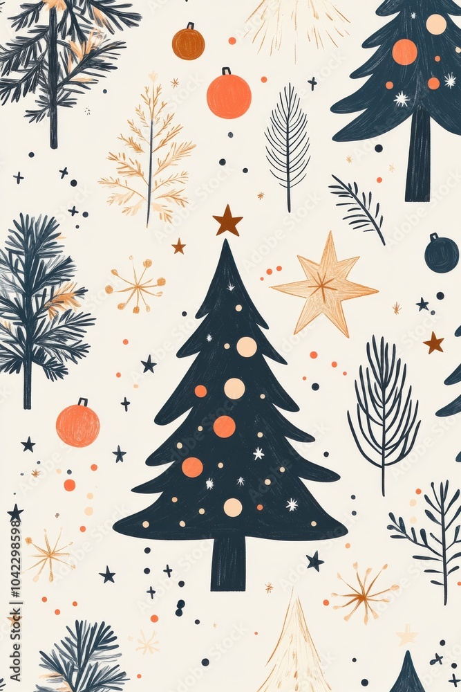 Simple flat illustration of a Christmas tree surrounded by festive decorations and winter-themed elements Simple flat illustration of a Christmas tree surrounded by festive decorations and winter-themed elements