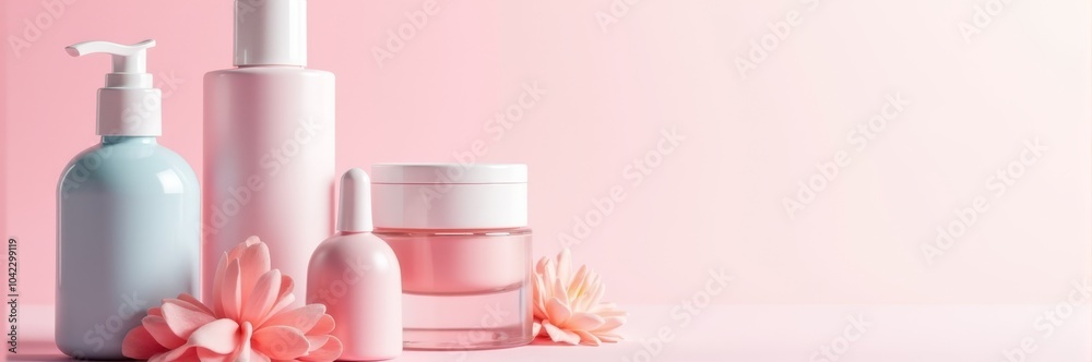 Pink cosmetic bottles and jars with flowers on pastel background, concept of skincare and beauty Pink cosmetic bottles and jars with flowers on pastel background, concept of skincare and beauty