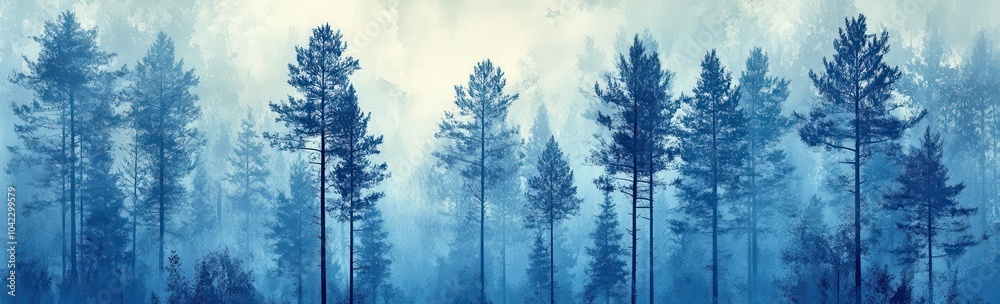 Fototapeta premium Serene pine forest illustration capturing the tranquil beauty and calm essence of nature's landscapes in blue hues