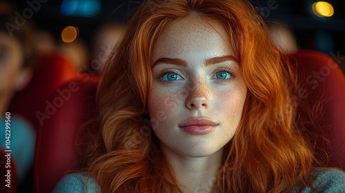 Close-up portrait of a red-haired girl in a cinema