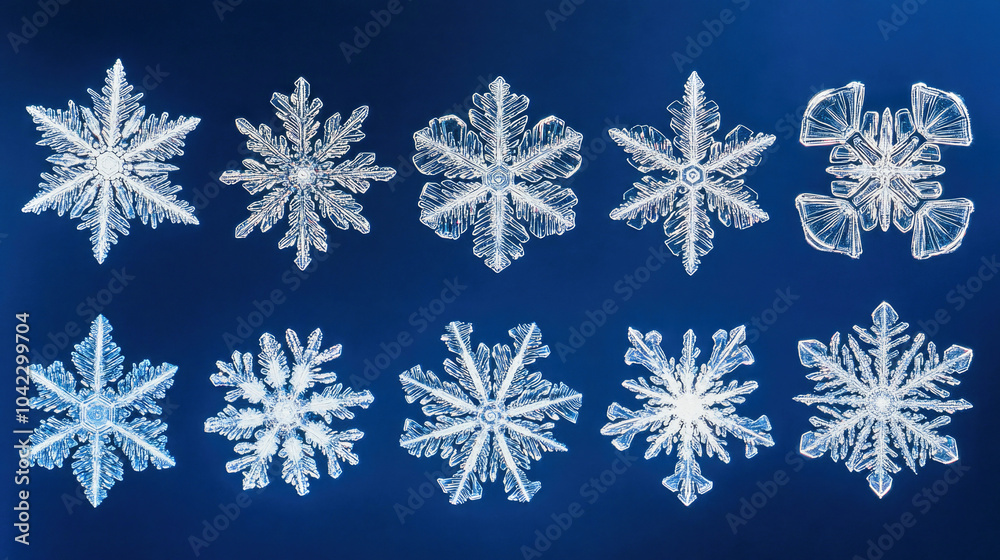 Close-up view of unique snowflakes under a microscope illuminated by blue light Close-up view of unique snowflakes under a microscope illuminated by blue light