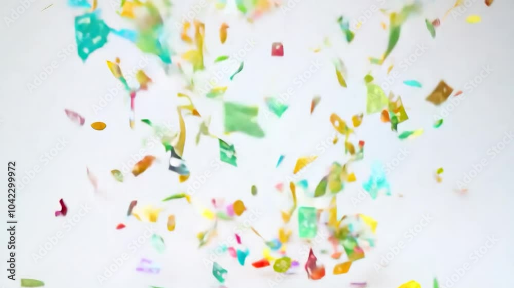 Multicolored confetti falling slowly on a white background. Ideal for celebration, party, birthday, wedding, ceremony, event, holiday, anniversary, joy, fun, happiness, etc