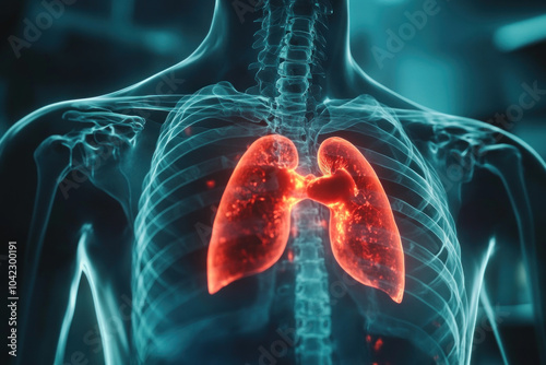 3D image of lungs showing detailed respiratory system, including bronchi and alveoli. Clear visualization of airflow and oxygen exchange. photo