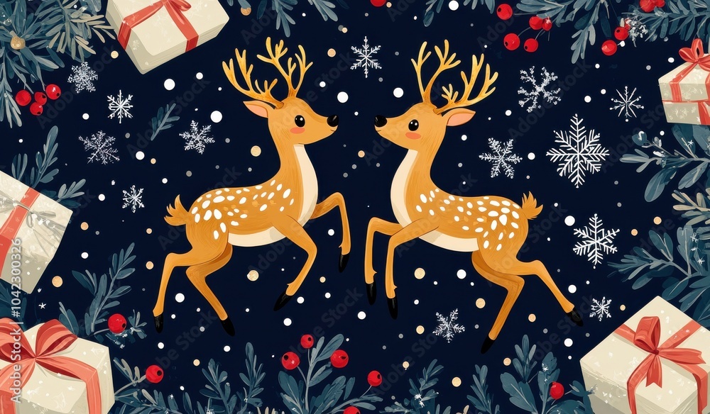 Festive Christmas illustration featuring golden deer surrounded by snowflakes, gifts, and holly leaves on a dark background Festive Christmas illustration featuring golden deer surrounded by snowflakes, gifts, and holly leaves on a dark background
