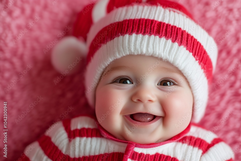 A giggling baby boy dressed as a cheerful candy cane, with twinkling brown eyes and soft brown hair, on a sweet pink background, adding to the holiday sweetness 2 A giggling baby boy dressed as a cheerful candy cane, with twinkling brown eyes and soft brown hair, on a sweet pink background, adding to the holiday sweetness 2