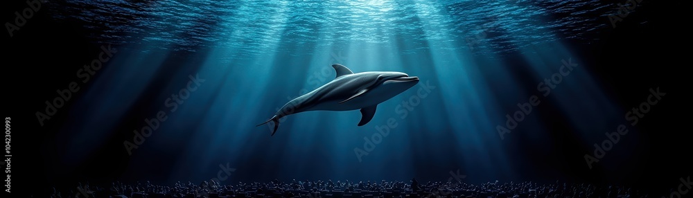 Obraz premium A dolphin swimming gracefully beneath the water's surface with beams of light shining through.