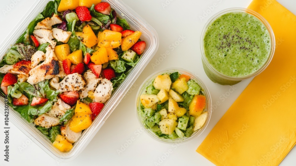A healthy lunch of a chicken salad, fruit salad, and a green smoothie in takeout containers. A healthy lunch of a chicken salad, fruit salad, and a green smoothie in takeout containers.