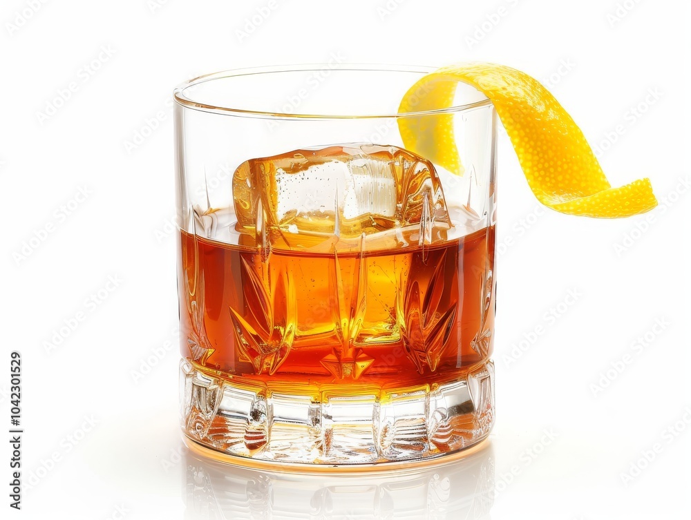 A Sazerac cocktail in a rocks glass with a lemon twist on a white background A Sazerac cocktail in a rocks glass with a lemon twist on a white background