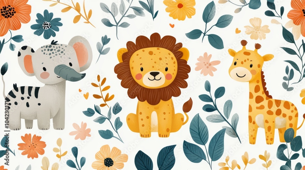 Naklejka premium Adorable jungle animals like tigers, lions, crocodiles, and giraffes amidst vibrant tropical plants. Fun and cheerful vector pattern