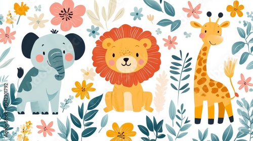 Adorable jungle animals like tigers, lions, crocodiles, and giraffes amidst vibrant tropical plants. Fun and cheerful vector pattern